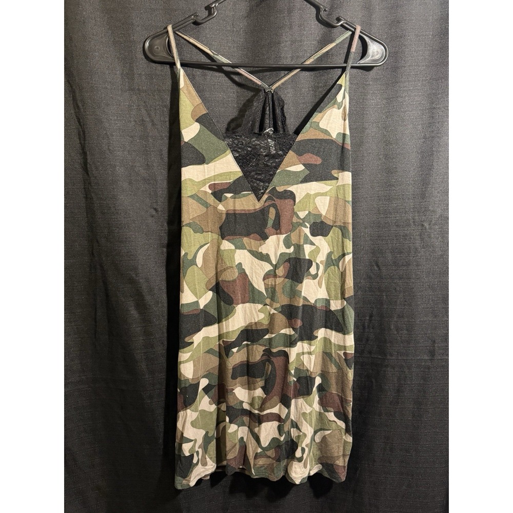 VENUS Womens M Camo Camouflage Slip Dress Black Lace Back Stretch Y2K